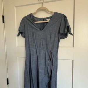 J. Crew Blue Chambray V-Neck Midi Dress with Tie Sleeves